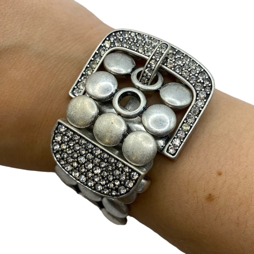 Premier Designs Silver Tone Distressed Belt Buckle Pave Stone Stretch Bracelet
